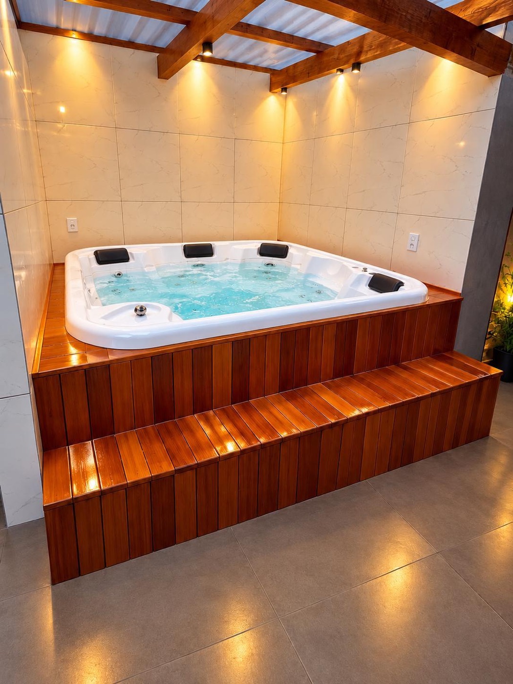 Spa Hidroplas instalado com degraus de madeira e iluminação