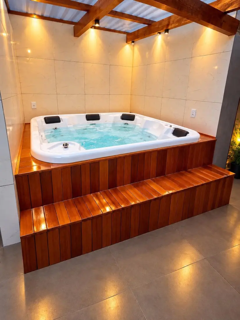 Spa Hidroplas instalado com degraus de madeira e iluminação